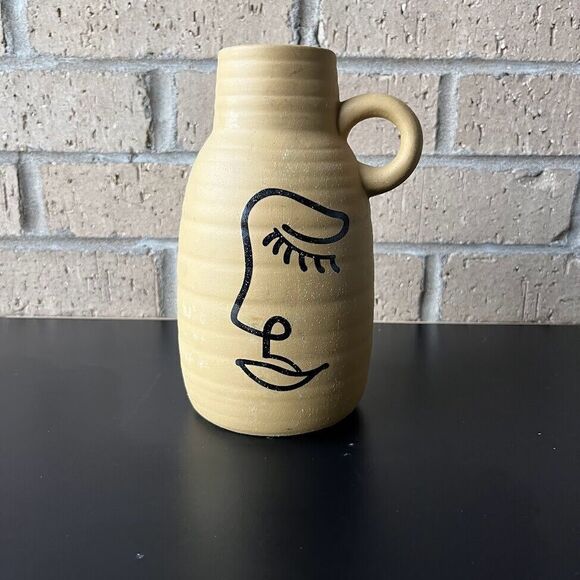 Pottery Jug Vase with Abstract Eye Handle Earthy Color Heritage Home 7.25 in H - Picture 7 of 12